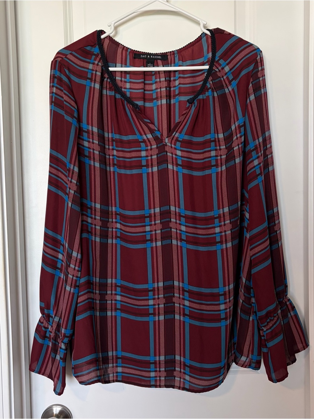 Zac & Rachel Burgundy Plaid Long-Sleeve Peasant Blouse
Size L